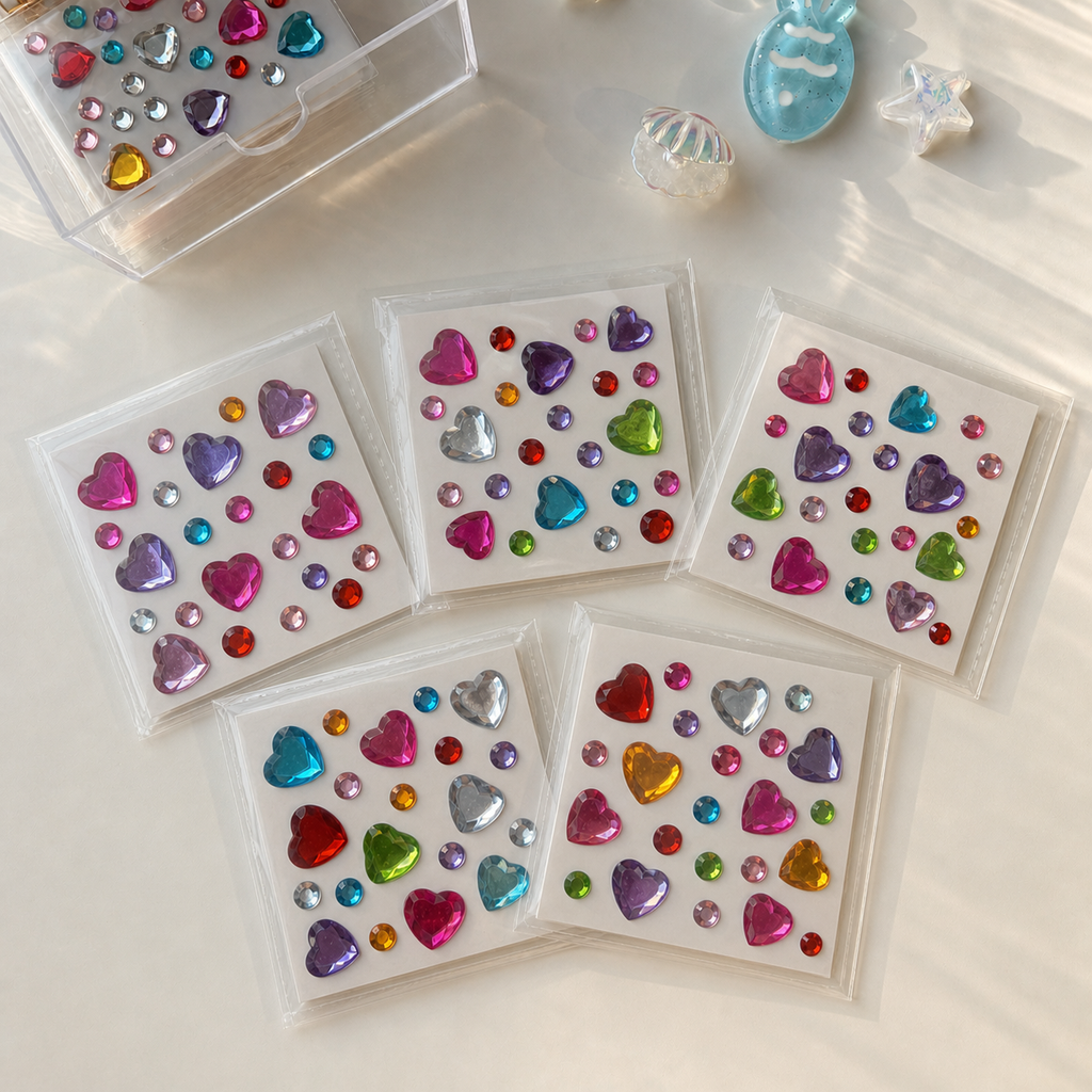Five colorful self-adhesive heart mix — 27 gems sticker sheets; each sheet may have different colors and gem arrangements