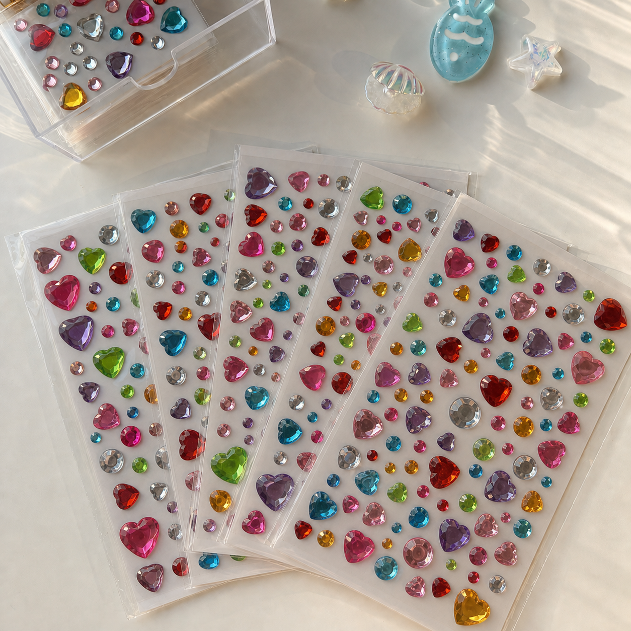 Five colorful self-adhesive heart mix — 68 gems sticker sheets; each sheet may have different colors and gem arrangements