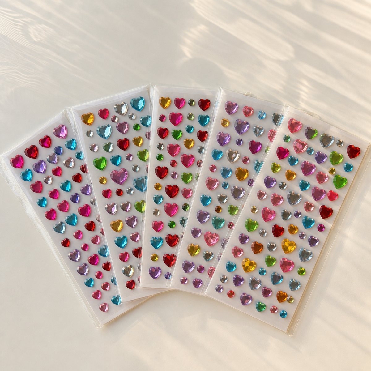 Five colorful self-adhesive heart mix — 88 gems sticker sheets; each sheet may have different colors and gem arrangements