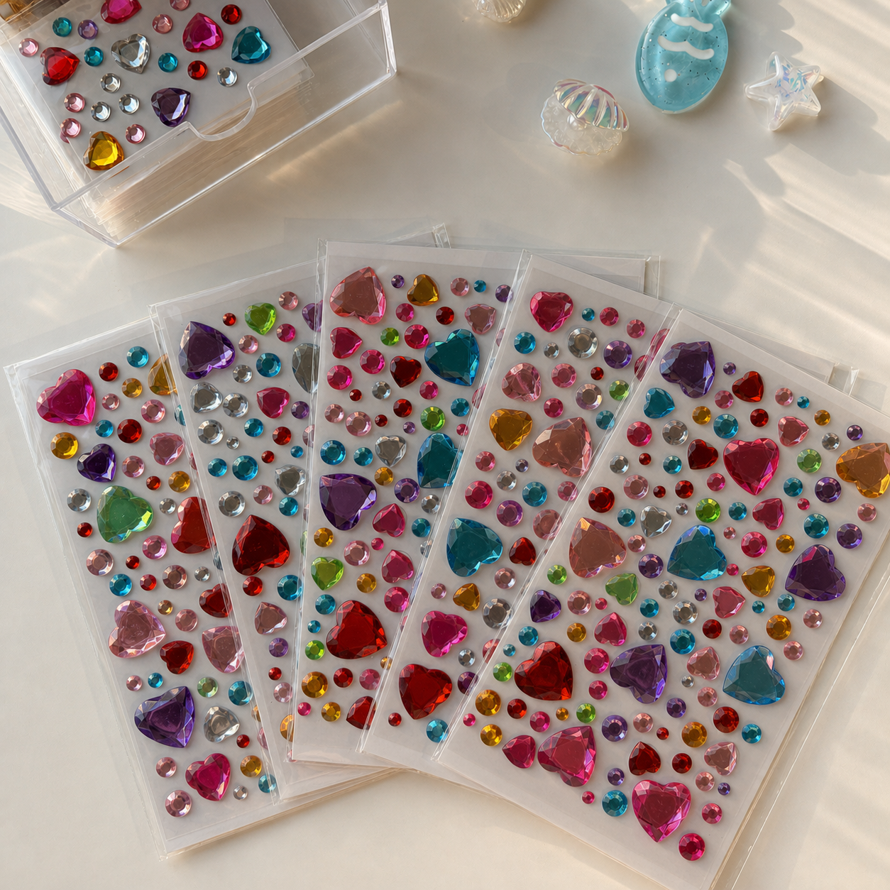 Five colorful self-adhesive large heart mix — 109 gems sticker sheets; each sheet may have different colors and gem arrangements