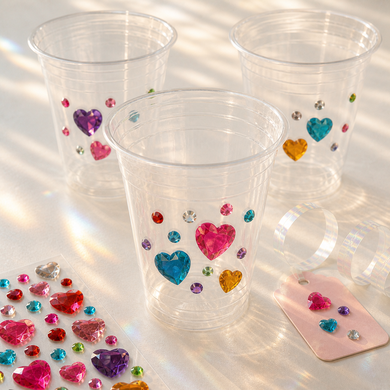 Whimsy Gems heart gem stickers used on party cups, cards, and favor packaging; styling props not included