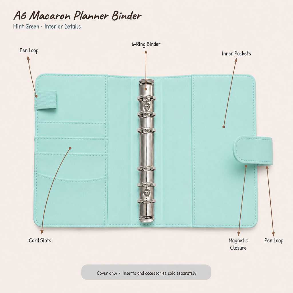Mint Green A6 Macaron six-ring planner binder interior showing three card slots, two inner pockets, two pen loops, and magnetic closure; cover only