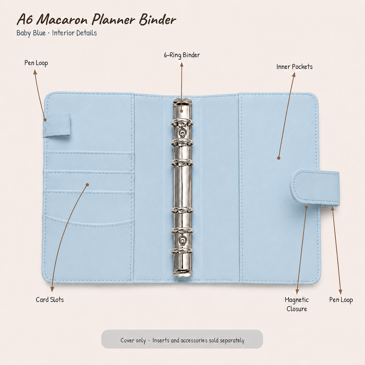 Baby Blue A6 Macaron six-ring planner binder interior showing three card slots, two inner pockets, two pen loops, and magnetic closure; cover only