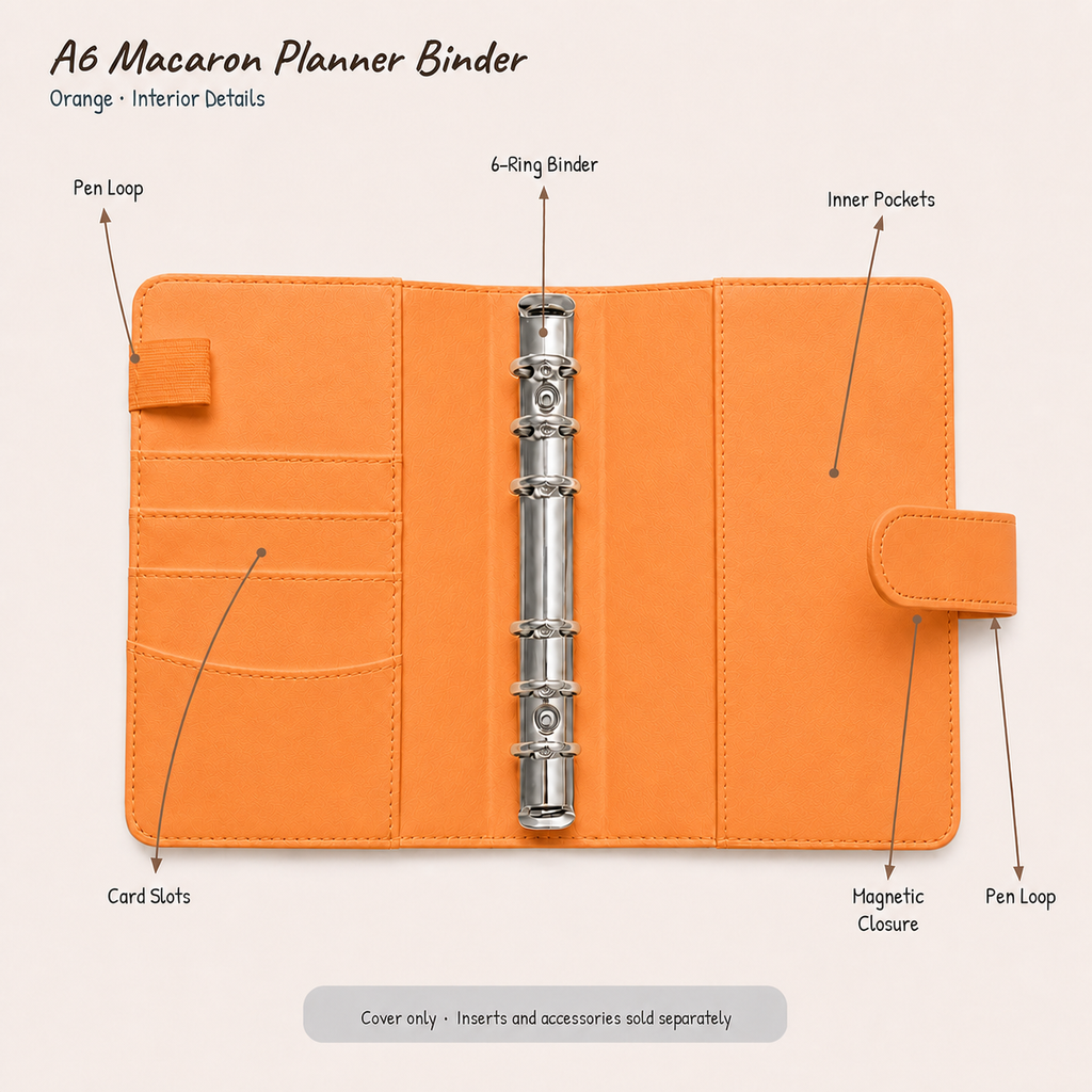 Orange A6 Macaron six-ring planner binder interior showing three card slots, two inner pockets, two pen loops, and magnetic closure; cover only