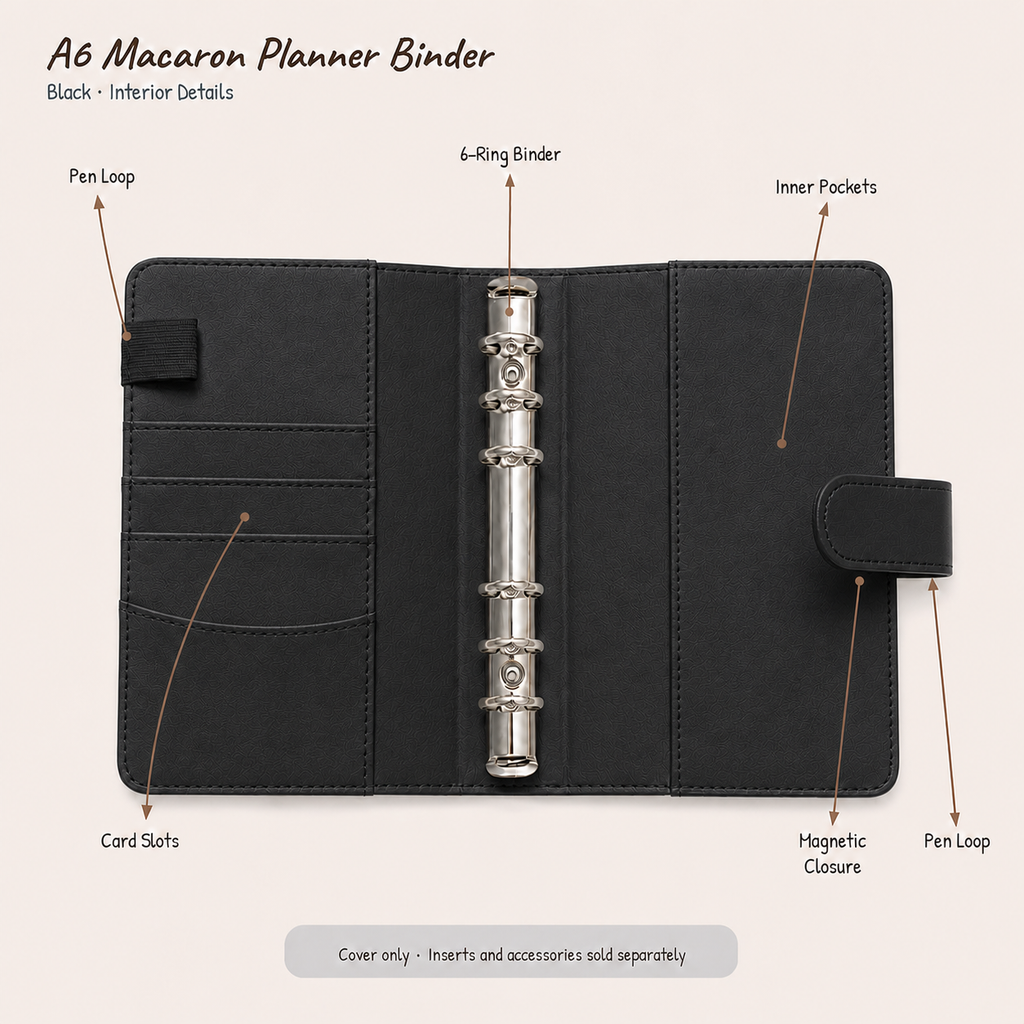 Black A6 Macaron six-ring planner binder interior showing three card slots, two inner pockets, two pen loops, and magnetic closure; cover only