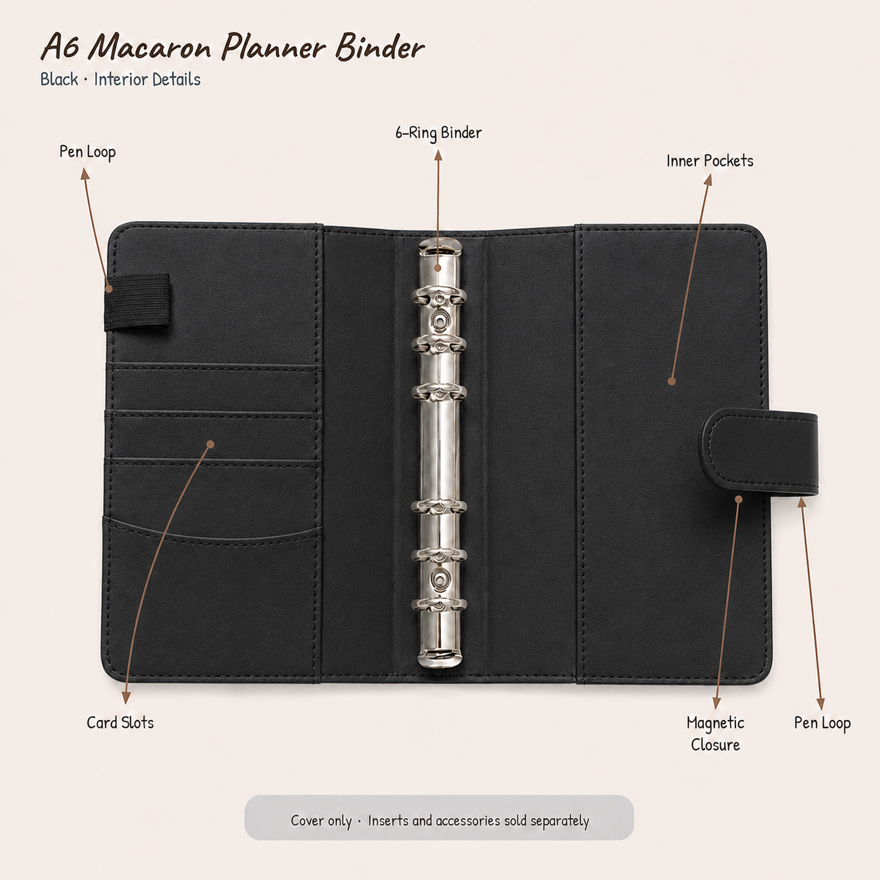 Black A6 Macaron six-ring planner binder interior showing three card slots, two inner pockets, two pen loops, and magnetic closure; cover only