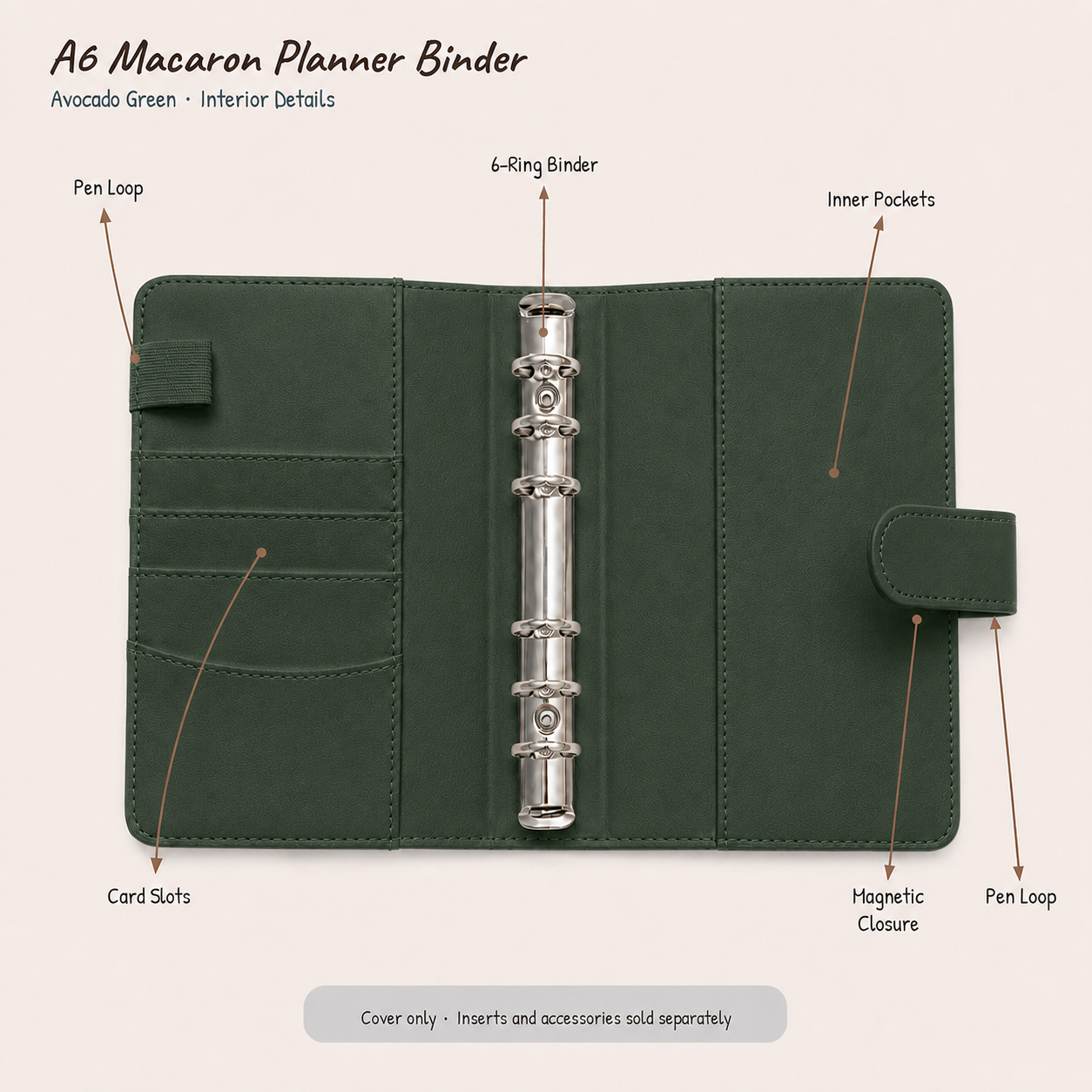 Avocado Green A6 Macaron six-ring planner binder interior showing three card slots, two inner pockets, two pen loops, and magnetic closure; cover only