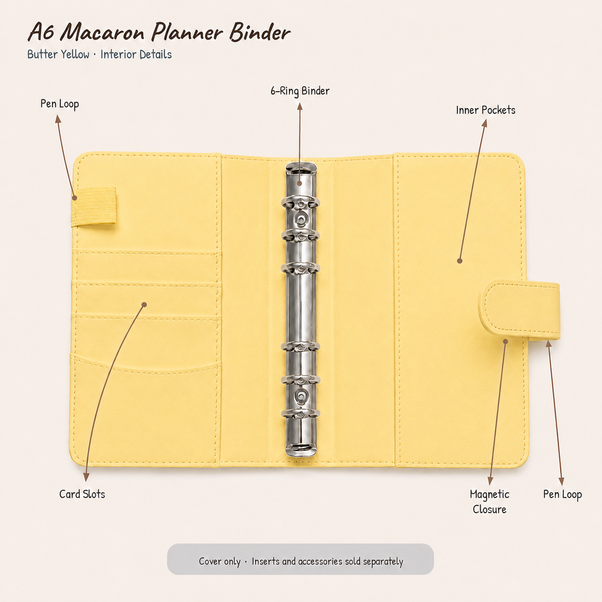 Butter Yellow A6 Macaron six-ring planner binder interior showing three card slots, two inner pockets, two pen loops, and magnetic closure; cover only