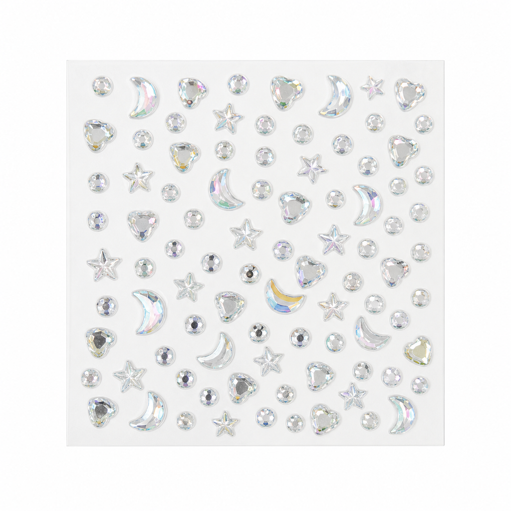 Iridescent silver 3D gem deco sticker sheet with moons stars hearts and round gems