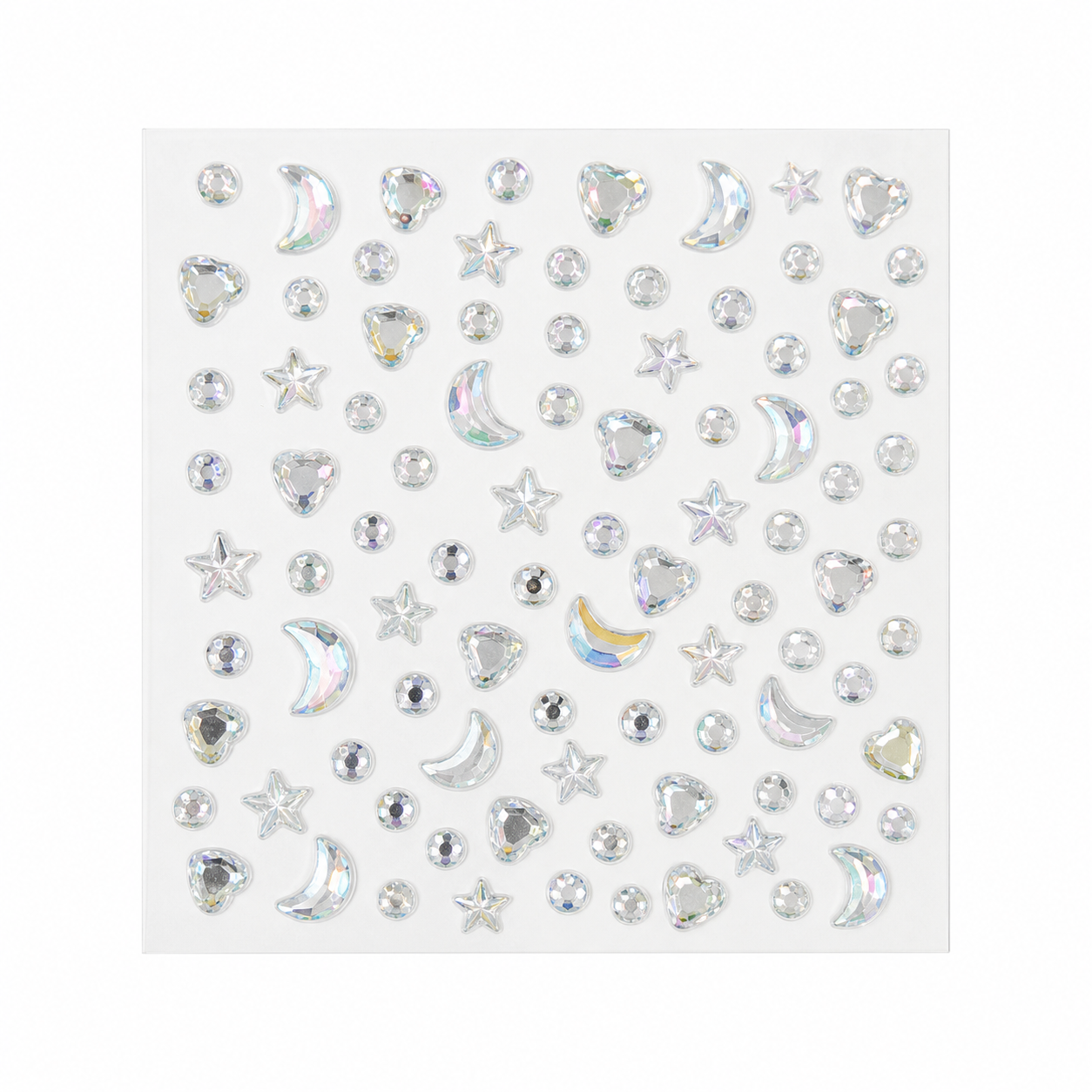 Iridescent silver 3D gem deco sticker sheet with moons stars hearts and round gems