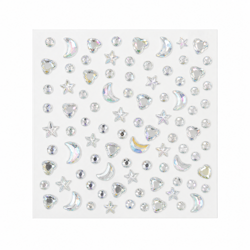 Iridescent silver 3D gem deco sticker sheet with moons stars hearts and round gems