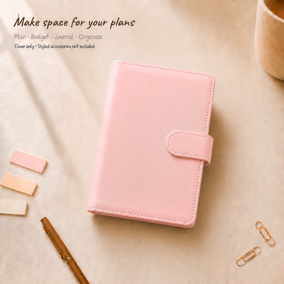 Baby Pink A6 Macaron planner binder cover on a warm ivory desk; styled accessories are not included