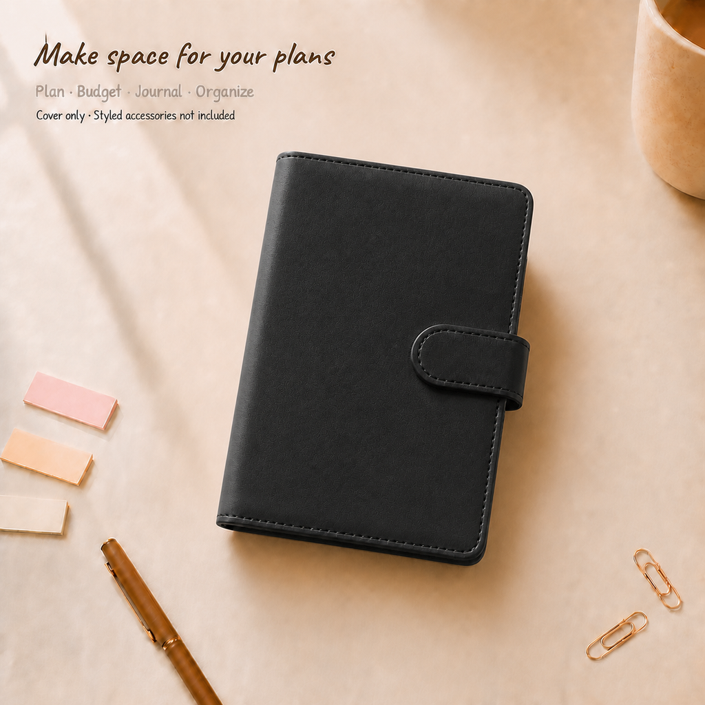 Black A6 Macaron six-ring planner binder cover on a warm ivory desk; styled accessories are not included