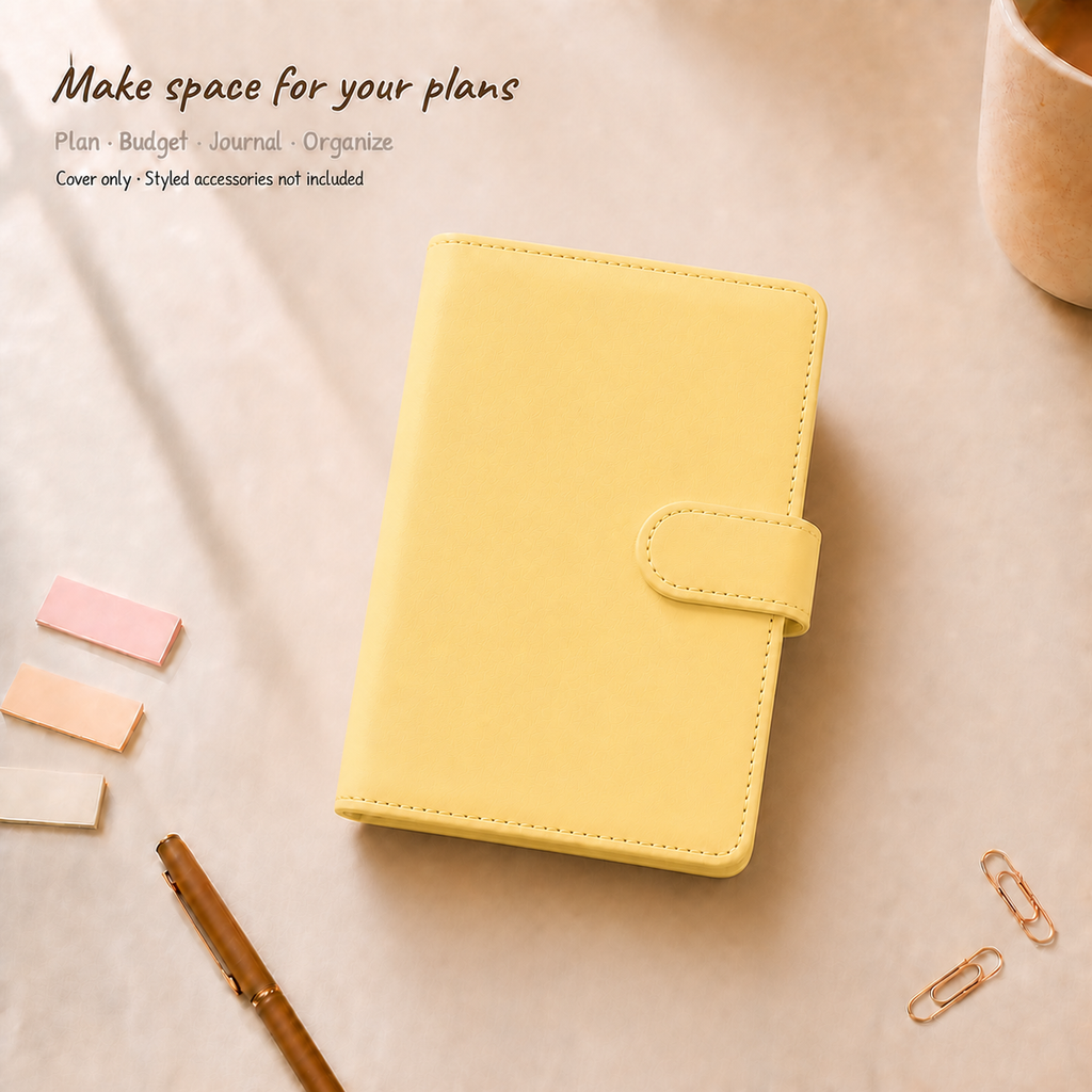 Butter Yellow A6 Macaron six-ring planner binder cover on a warm ivory desk; styled accessories are not included