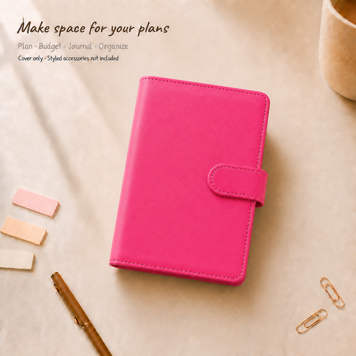 Hot Pink A6 Macaron planner binder cover on a warm ivory desk; styled accessories are not included