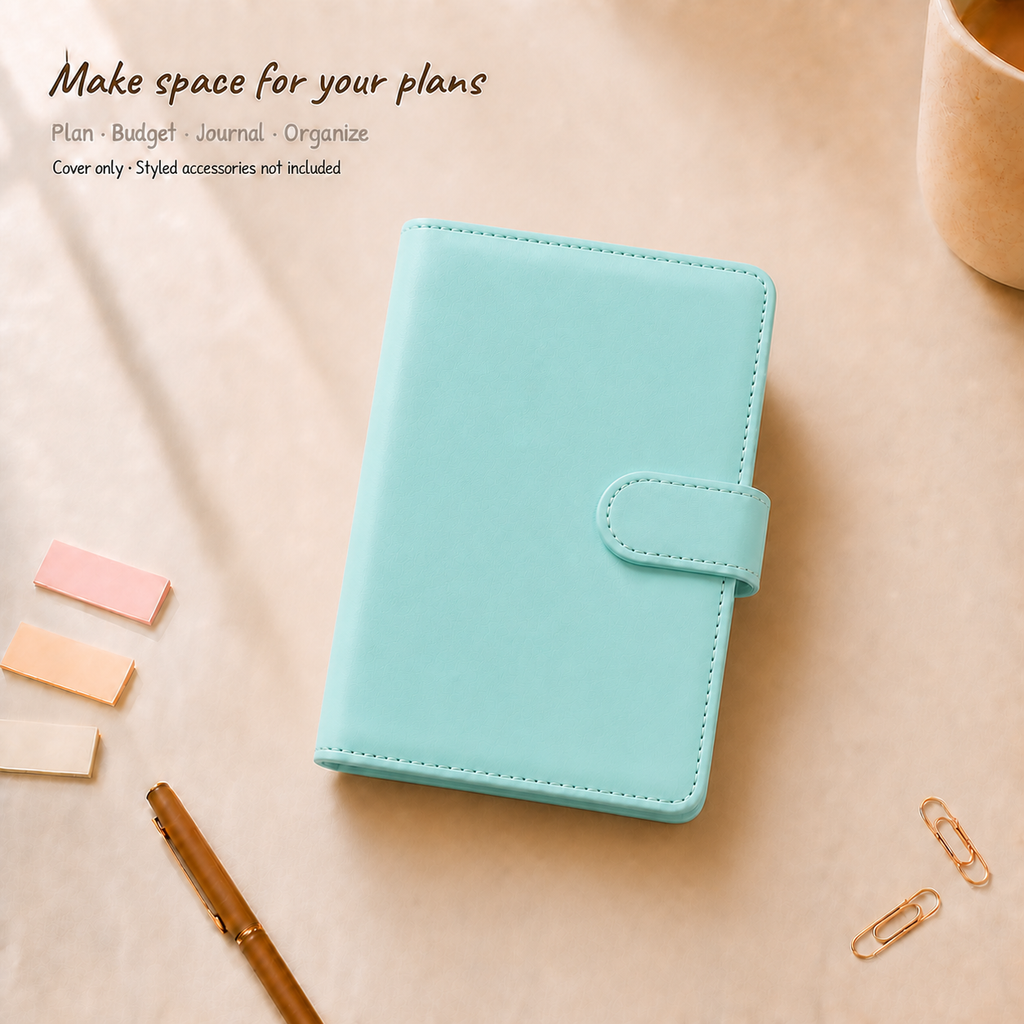 Mint Green A6 Macaron six-ring planner binder cover on a warm ivory desk; styled accessories are not included