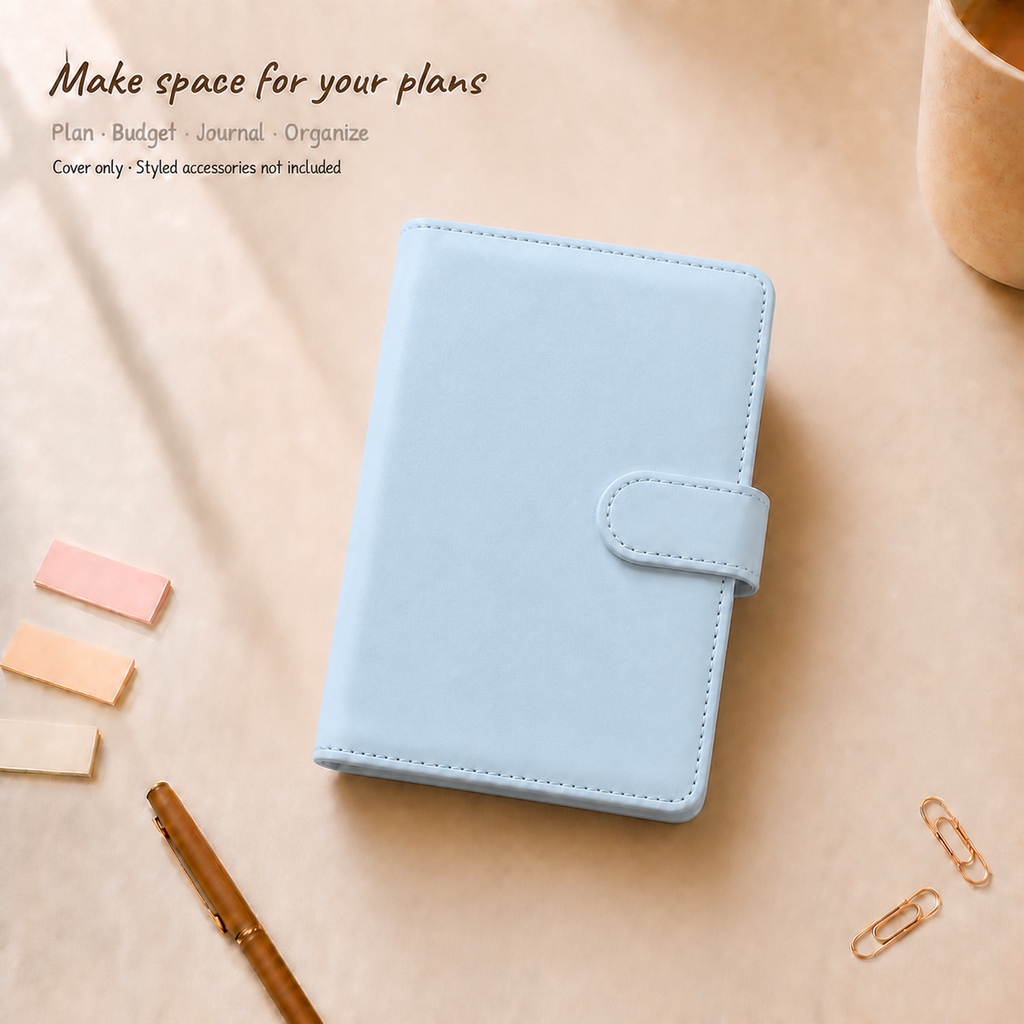 Baby Blue A6 Macaron six-ring planner binder cover on a warm ivory desk; styled accessories are not included