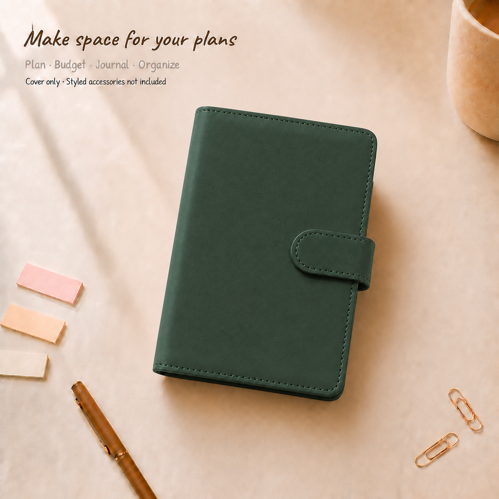 Avocado Green A6 Macaron six-ring planner binder cover on a warm ivory desk; styled accessories are not included