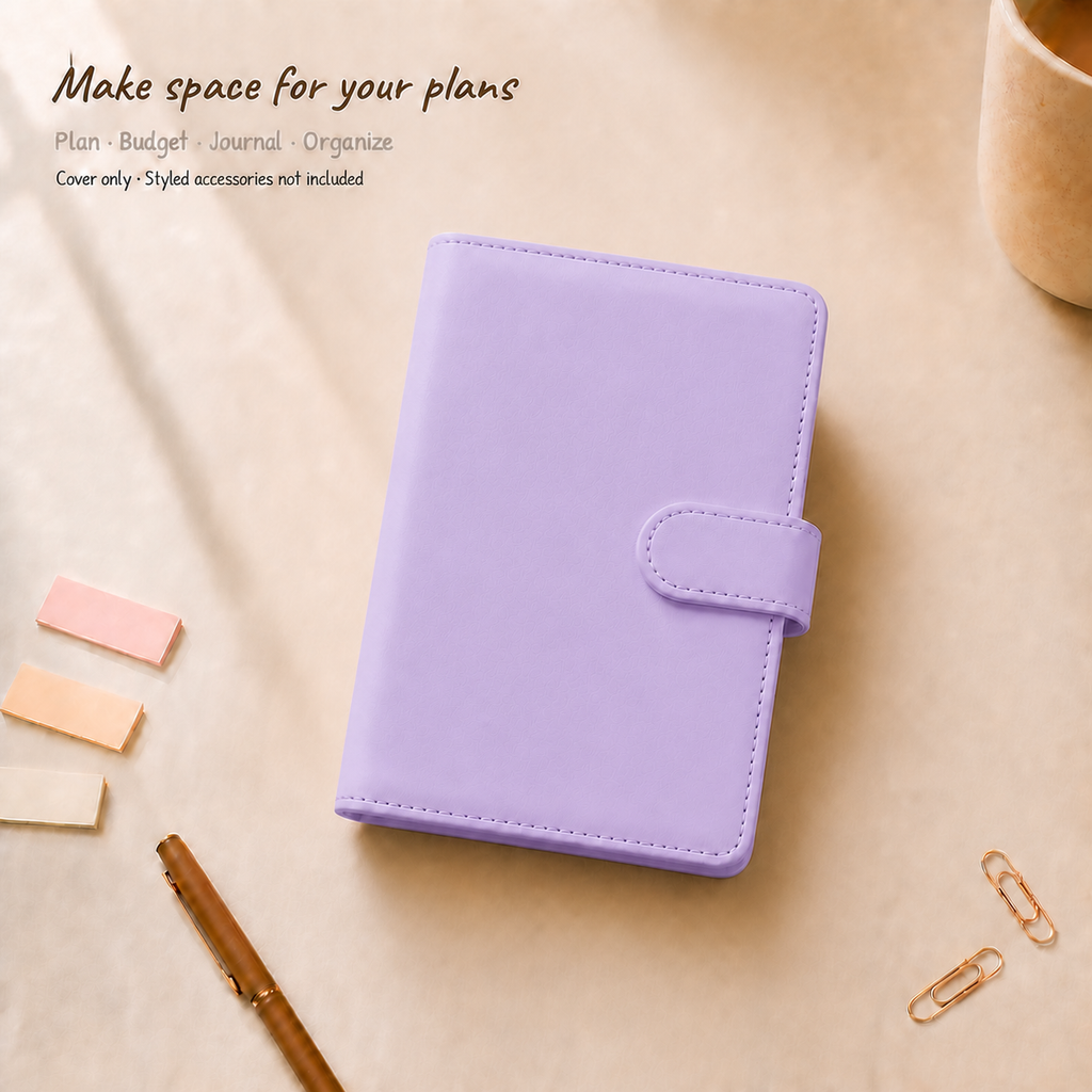 Light purple lavender A6 Macaron planner binder cover on a warm ivory desk; styled accessories are not included