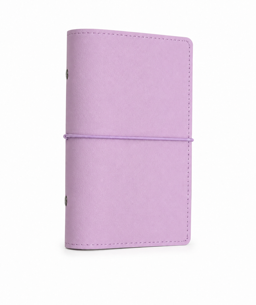 Light Purple A6 Personal six-ring planner cover with elastic closure on a white background