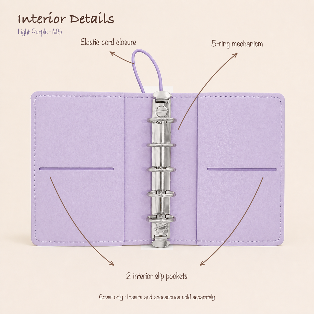 Open Light Purple M5 five-ring planner cover showing elastic cord closure and two interior slip pockets