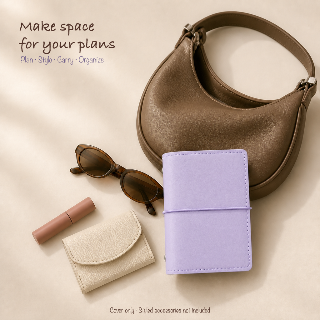 Light Purple M5 planner cover styled with a petite hobo bag and clean everyday accessories
