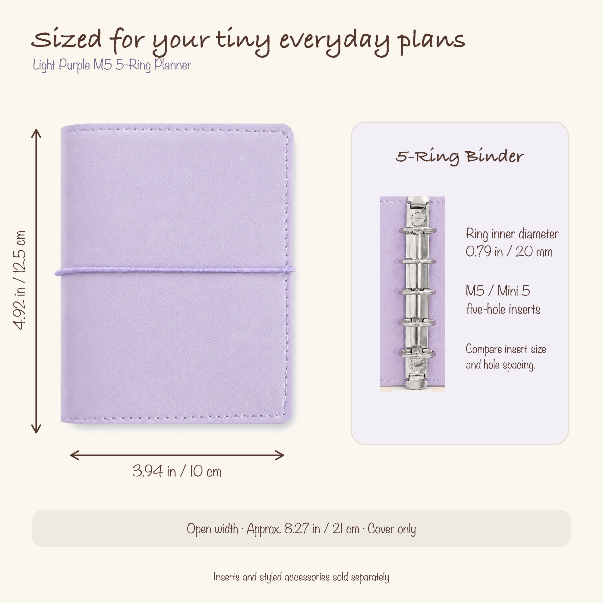Light Purple M5 planner cover dimensions and 20 mm five-ring insert compatibility guide