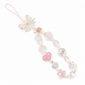Coquette pink heart beaded camera and phone charm strap on a white background