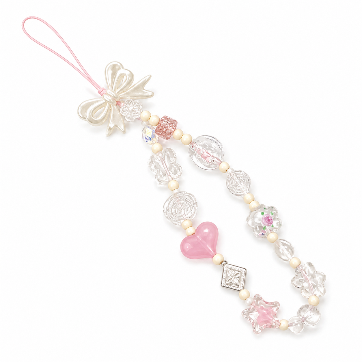 Coquette pink heart beaded camera and phone charm strap on a white background