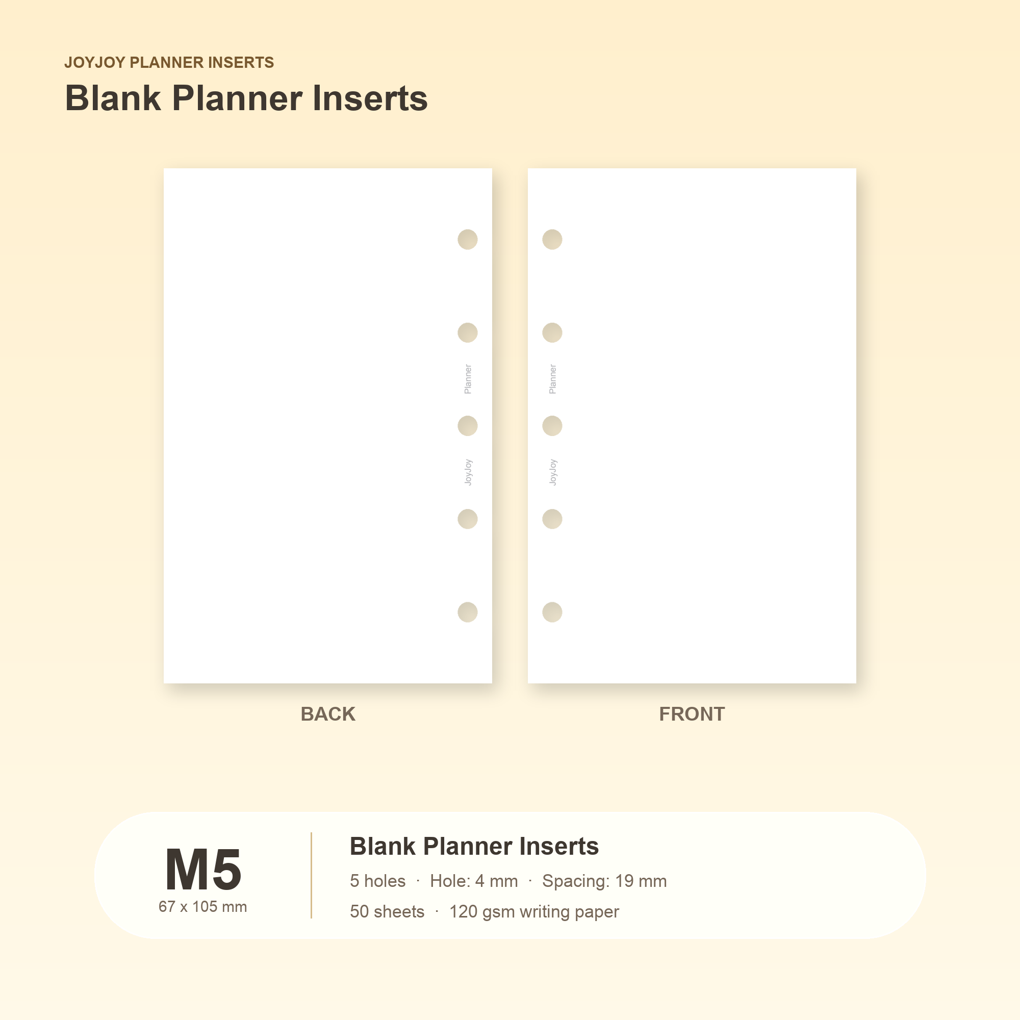 Blank planner inserts in JOYJOY M5 size, 67 x 105 mm, five hole, 50 sheets