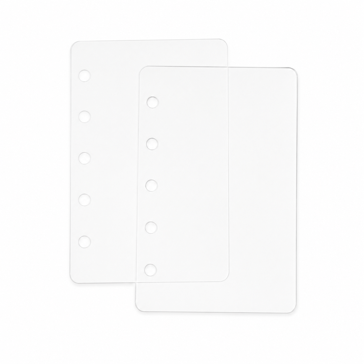 Two crystal-clear PET M5 Mini 5 planner dashboards with five holes on a white background