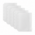Five frosted clear M5 Mini 5 zipper binder pockets with five holes on a white background