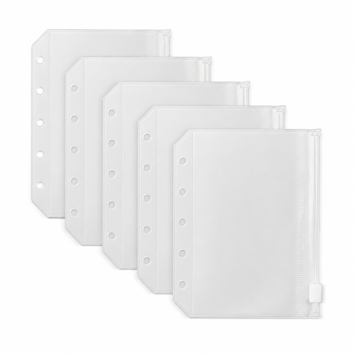 M5 — Five frosted clear M5 Mini 5 zipper binder pockets with five holes on a white background