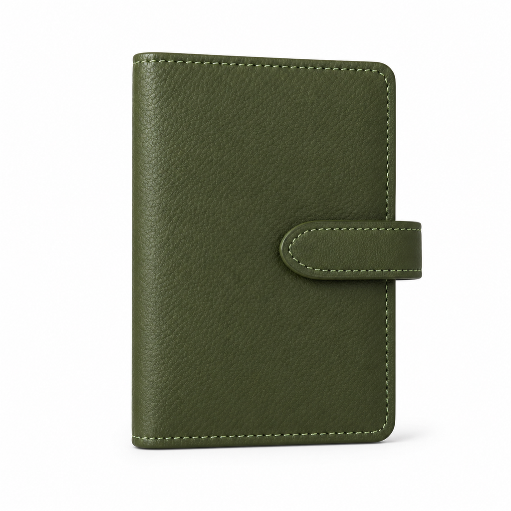 Closed olive green M5 pocket planner cover with snap closure on a white background