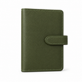 Closed olive green M5 pocket planner cover with snap closure on a white background