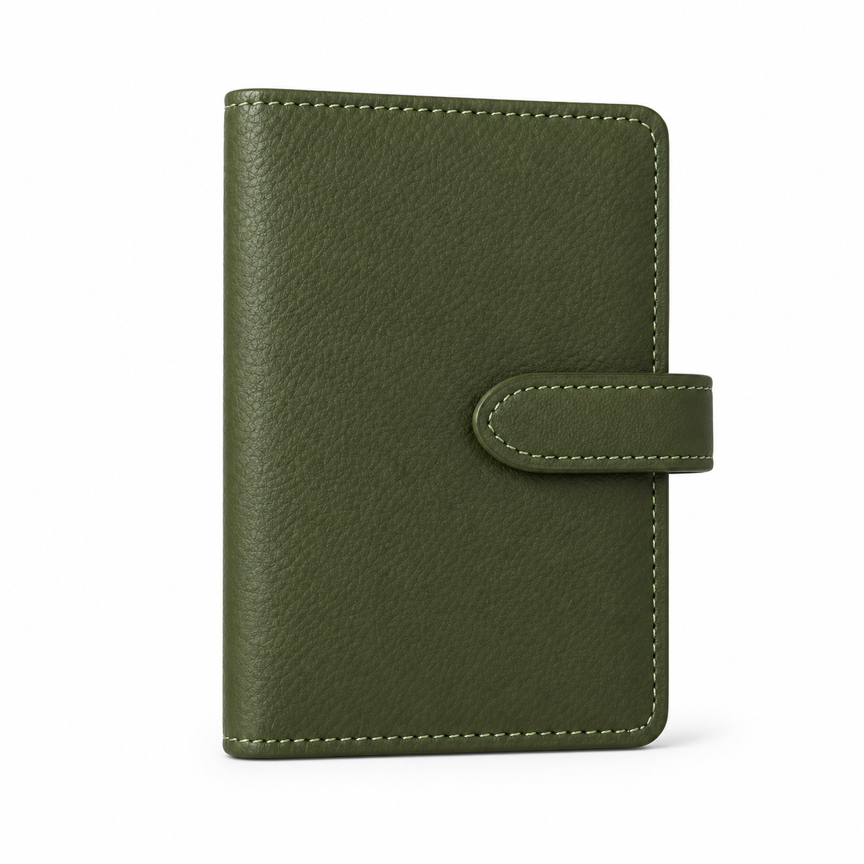 Closed olive green M5 pocket planner cover with snap closure on a white background