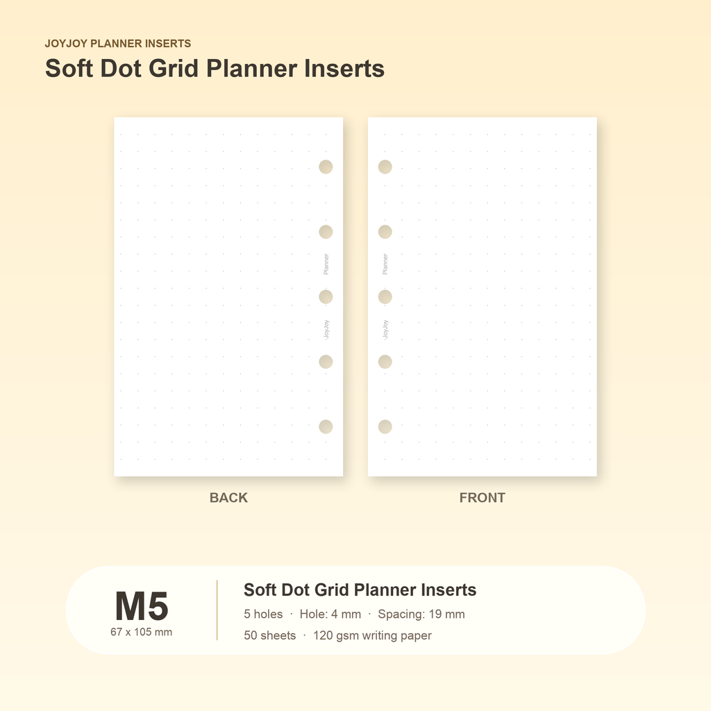 Soft dot grid planner inserts in JOYJOY M5 size, 67 x 105 mm, five hole, 50 sheets