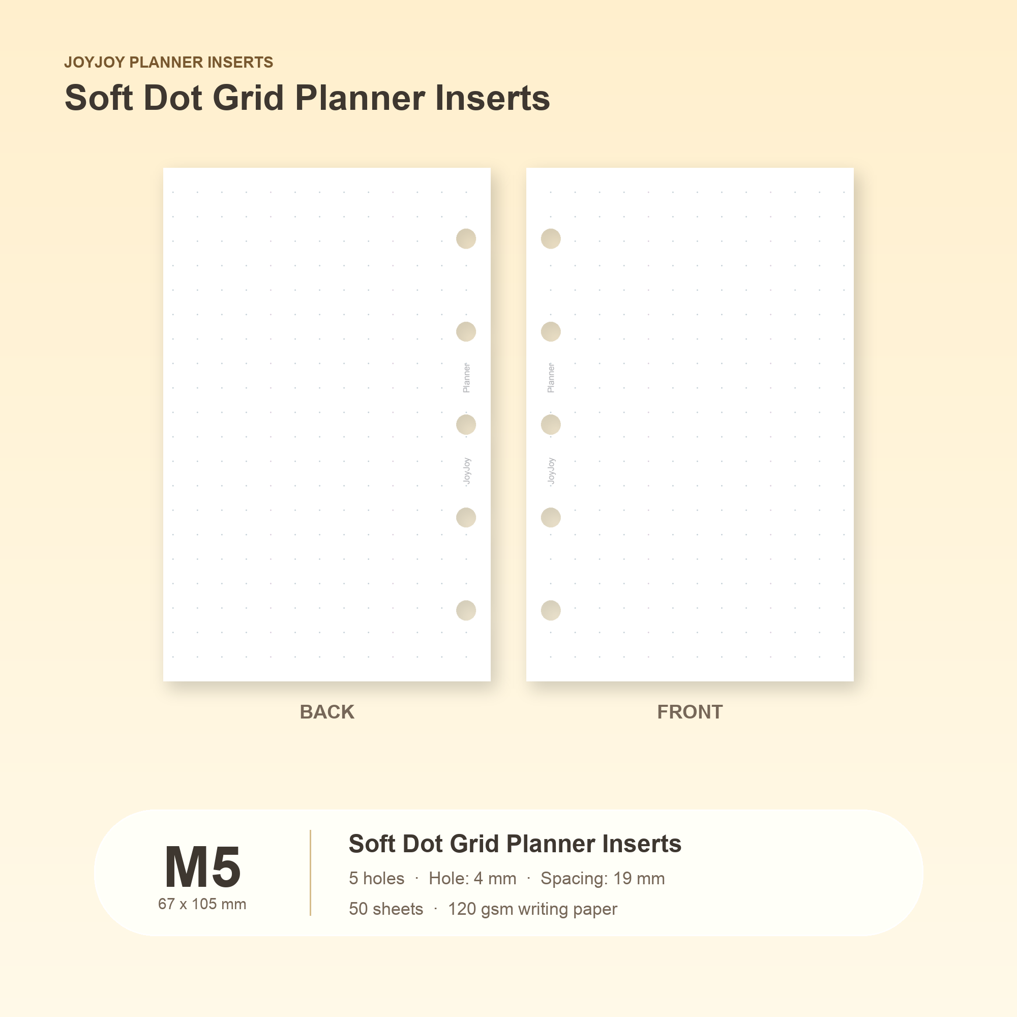 Soft dot grid planner inserts in JOYJOY M5 size, 67 x 105 mm, five hole, 50 sheets