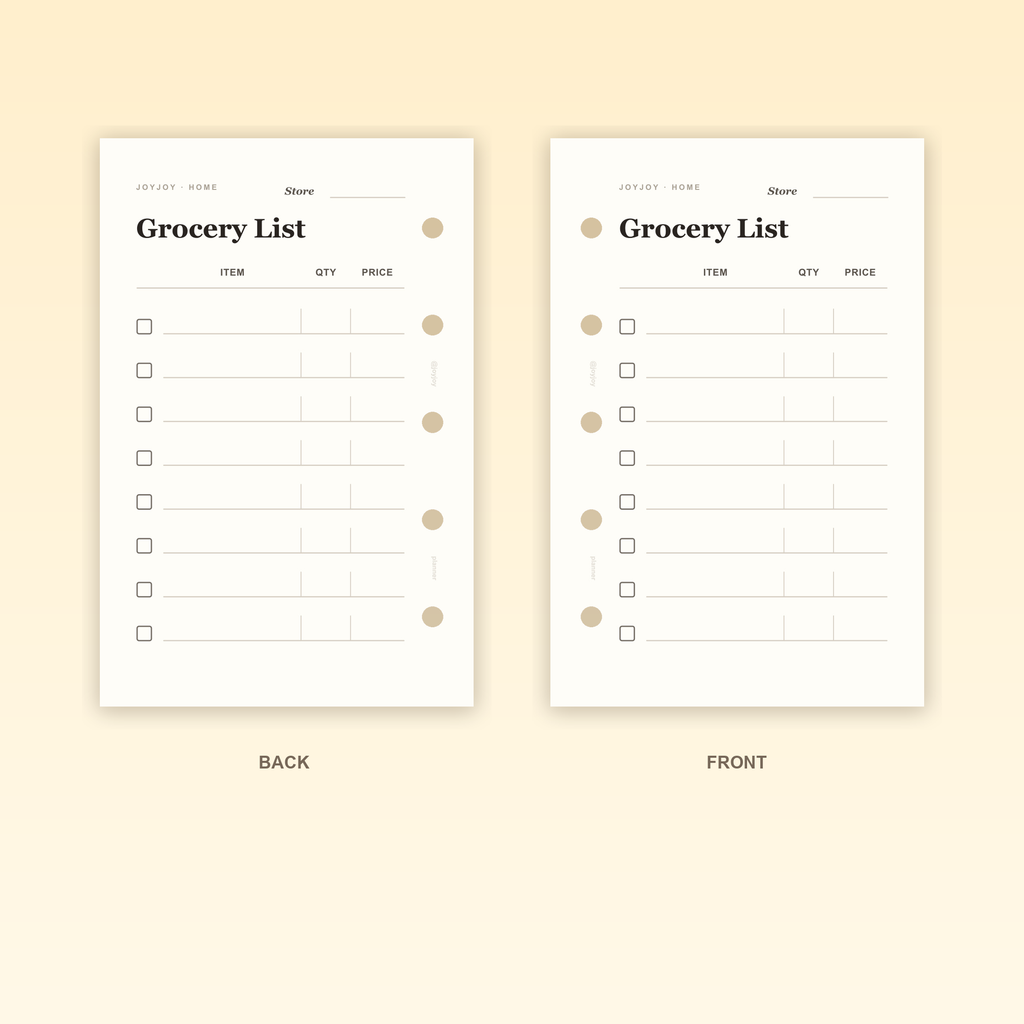 Grocery List M5 Mini 5 planner insert front and back design with five-hole punching