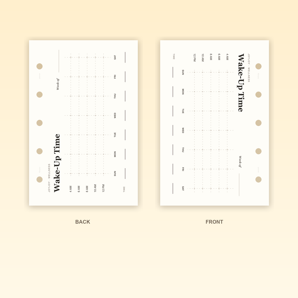 Wake Time Tracker M5 Mini 5 planner insert front and back design with five-hole punching