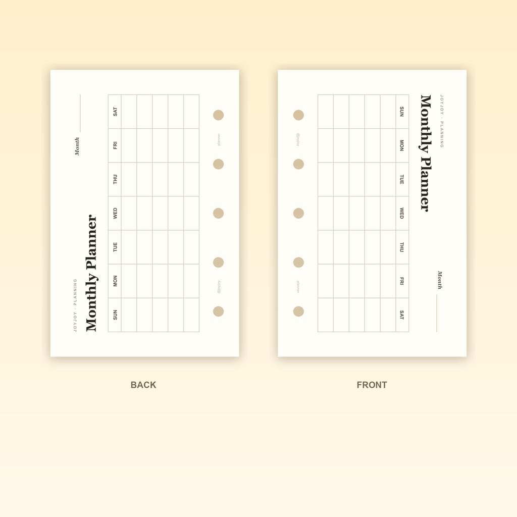 Monthly Planner Landscape M5 Mini 5 planner insert front and back design with five-hole punching