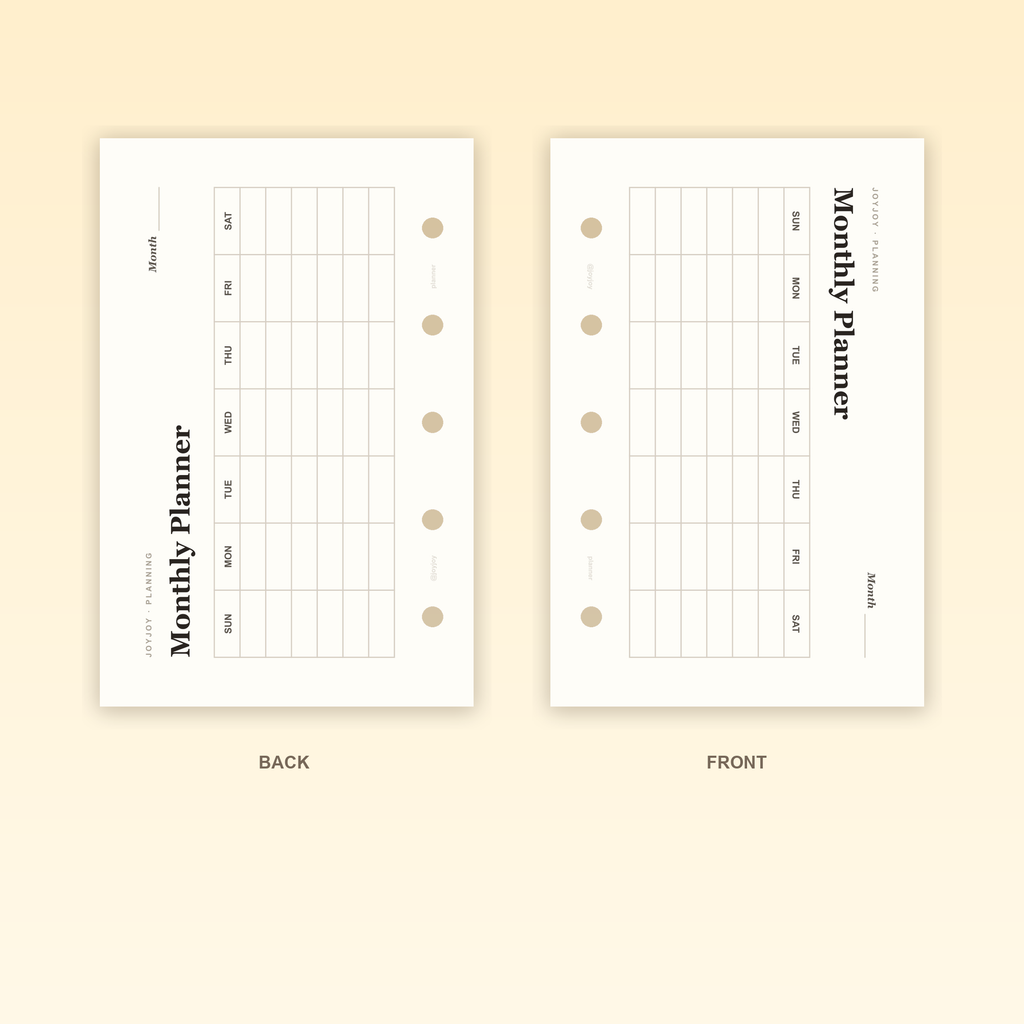 Monthly Planner Landscape M5 Mini 5 planner insert front and back design with five-hole punching