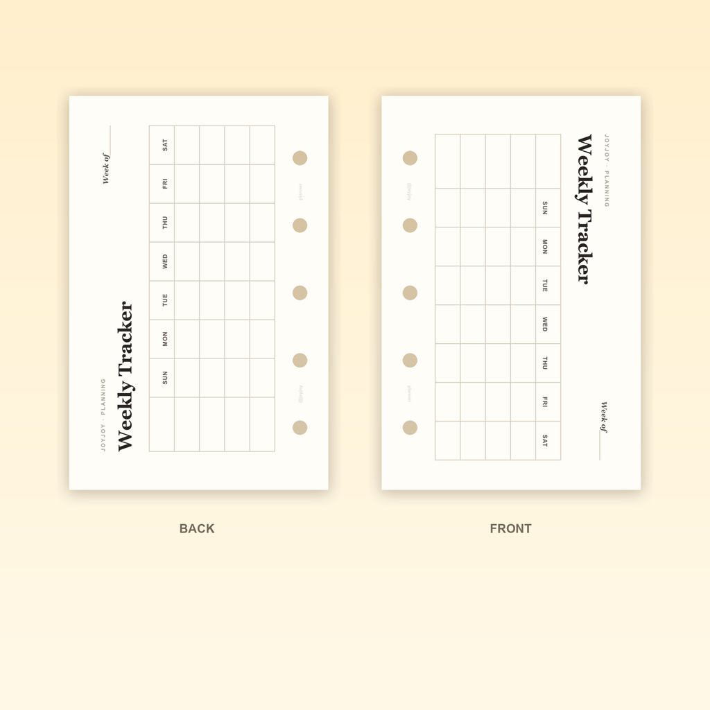 Weekly Tracker Landscape M5 Mini 5 planner insert front and back design with five-hole punching
