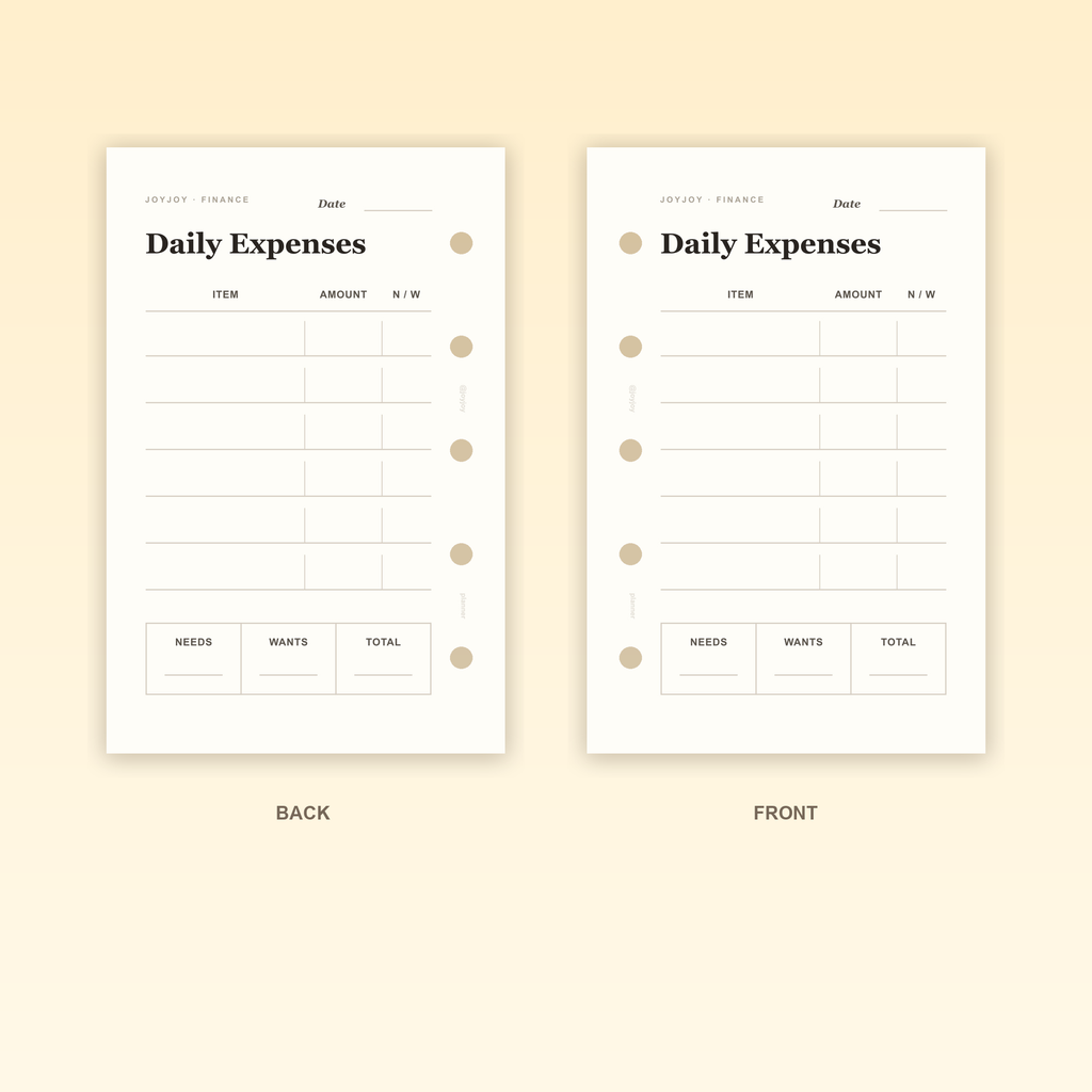 Daily Expenses M5 Mini 5 planner insert front and back design with five-hole punching