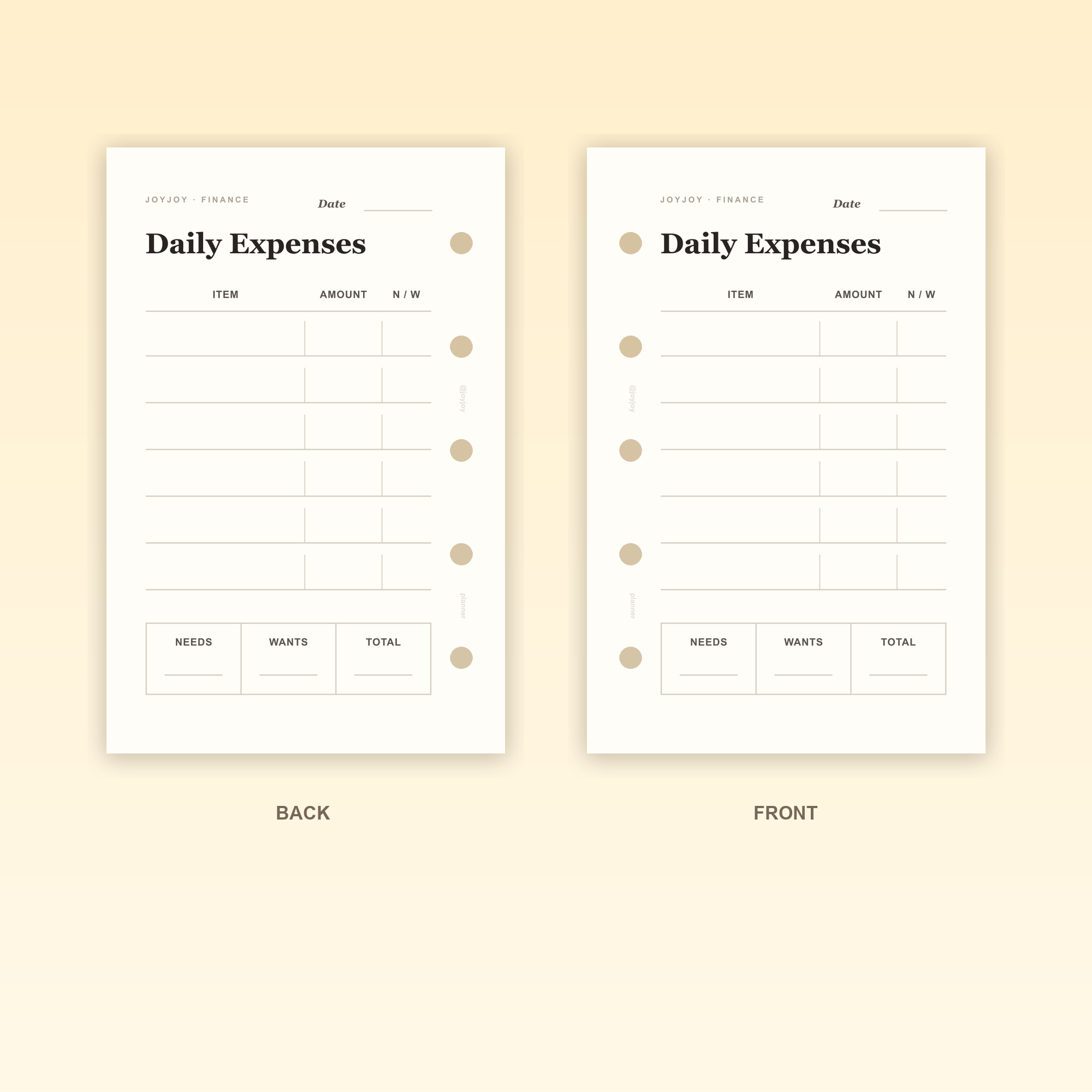 Daily Expenses M5 Mini 5 planner insert front and back design with five-hole punching