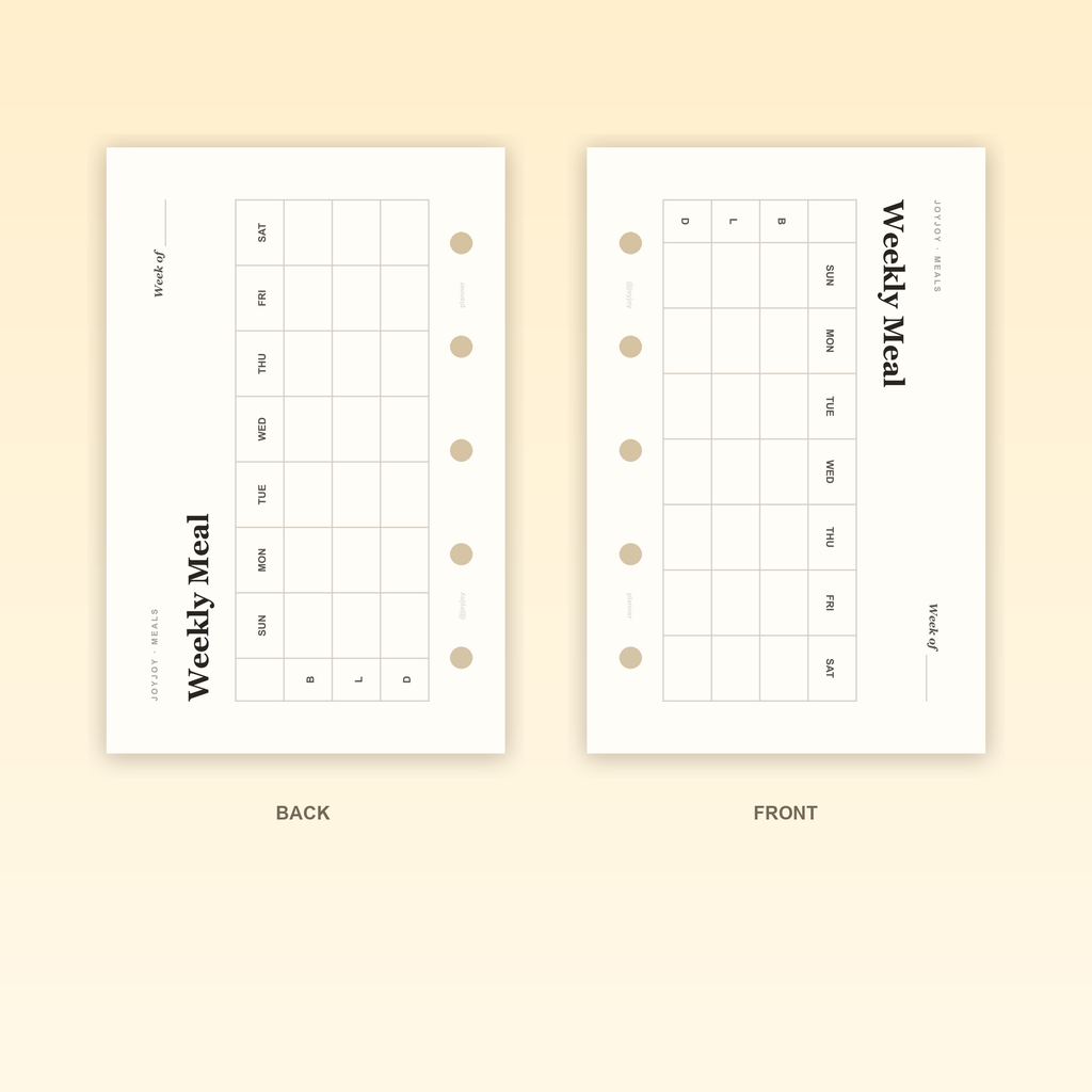 Weekly Meal M5 Mini 5 planner insert front and back design with five-hole punching
