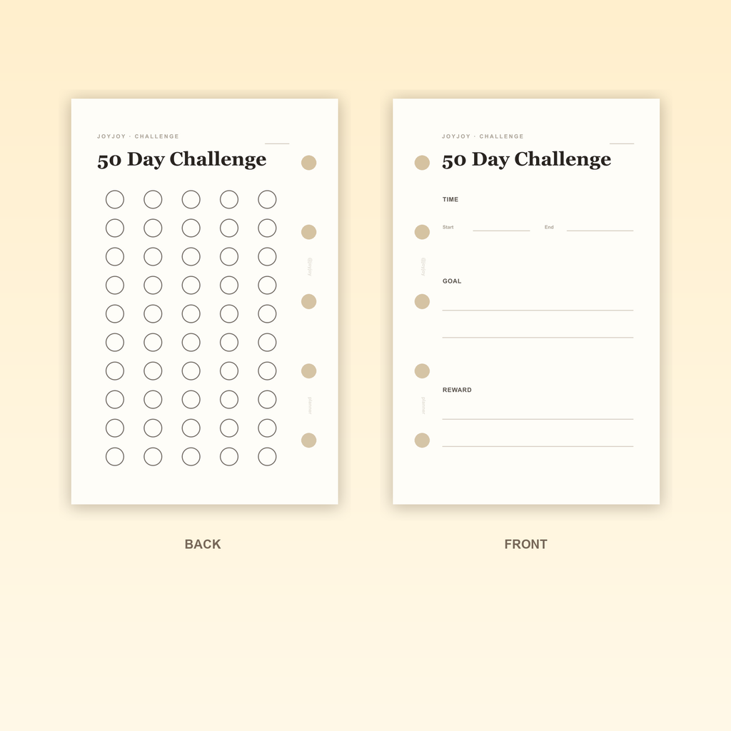 50 Day Challenge M5 Mini 5 planner insert front and back design with five-hole punching