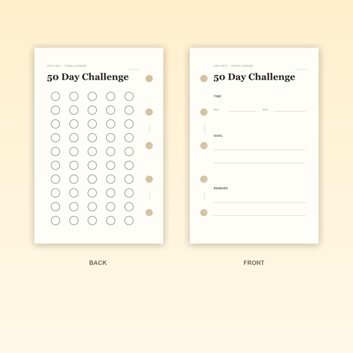 50 Day Challenge M5 Mini 5 planner insert front and back design with five-hole punching