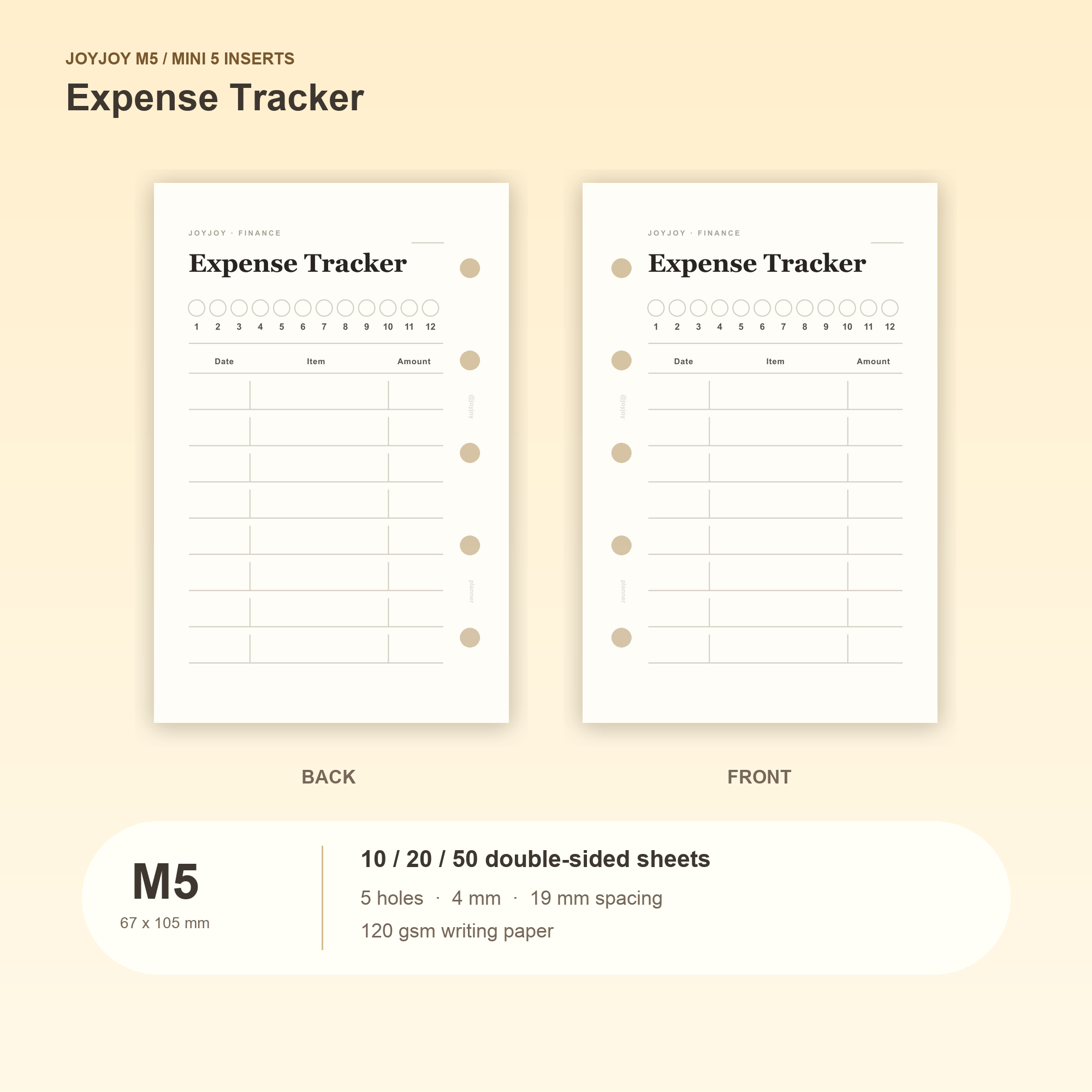 Expense Tracker M5 Mini 5 planner inserts, front and back, with size and pack information