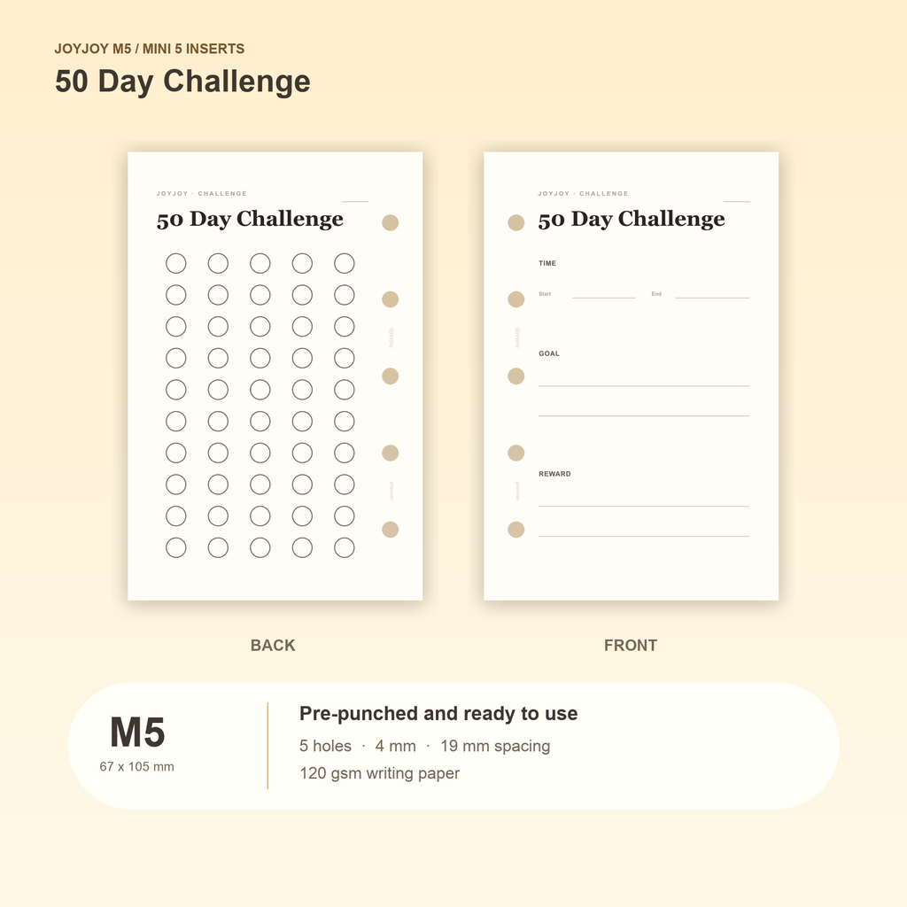 50 Day Challenge M5 Mini 5 planner inserts with size, hole spacing and paper information